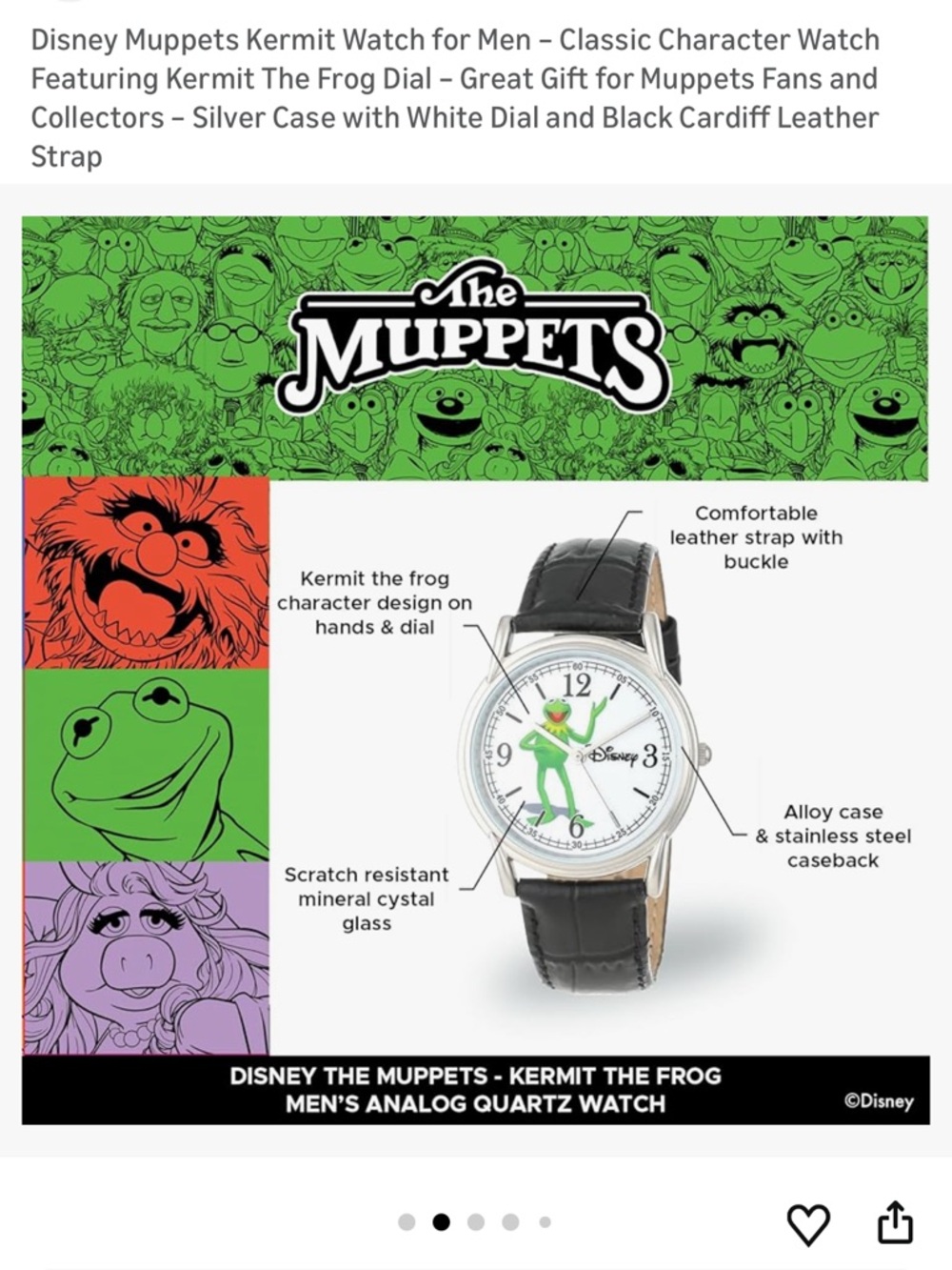 Disney Kermit The Frog Cardiff Watch Ewatchfactoy Mens Black Leather Band New - Picture 2 of 4